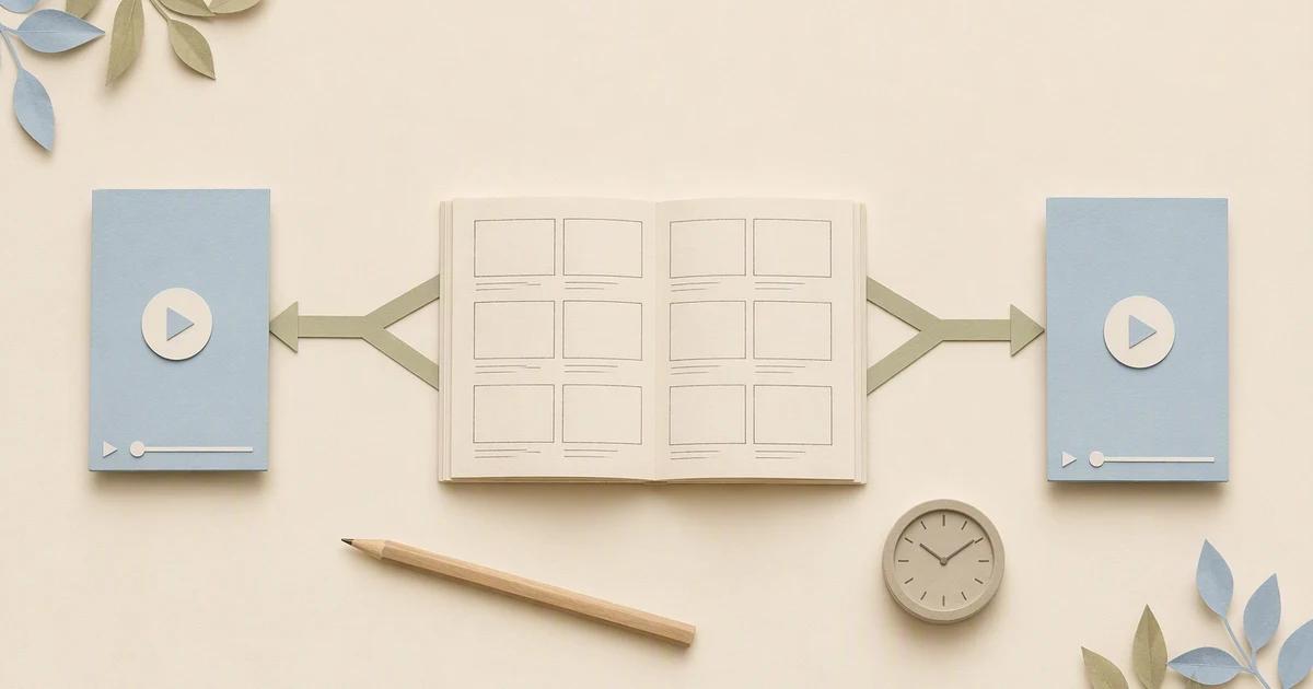 A central storyboard branches toward two equal vertical video canvases.
