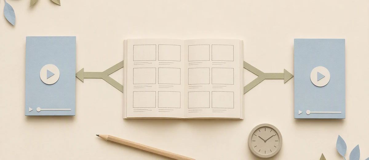 A central storyboard branches toward two equal vertical video canvases.