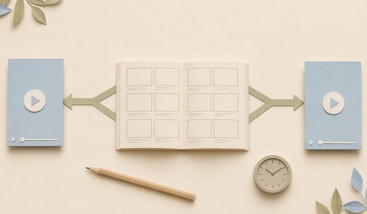 A central storyboard branches toward two equal vertical video canvases.