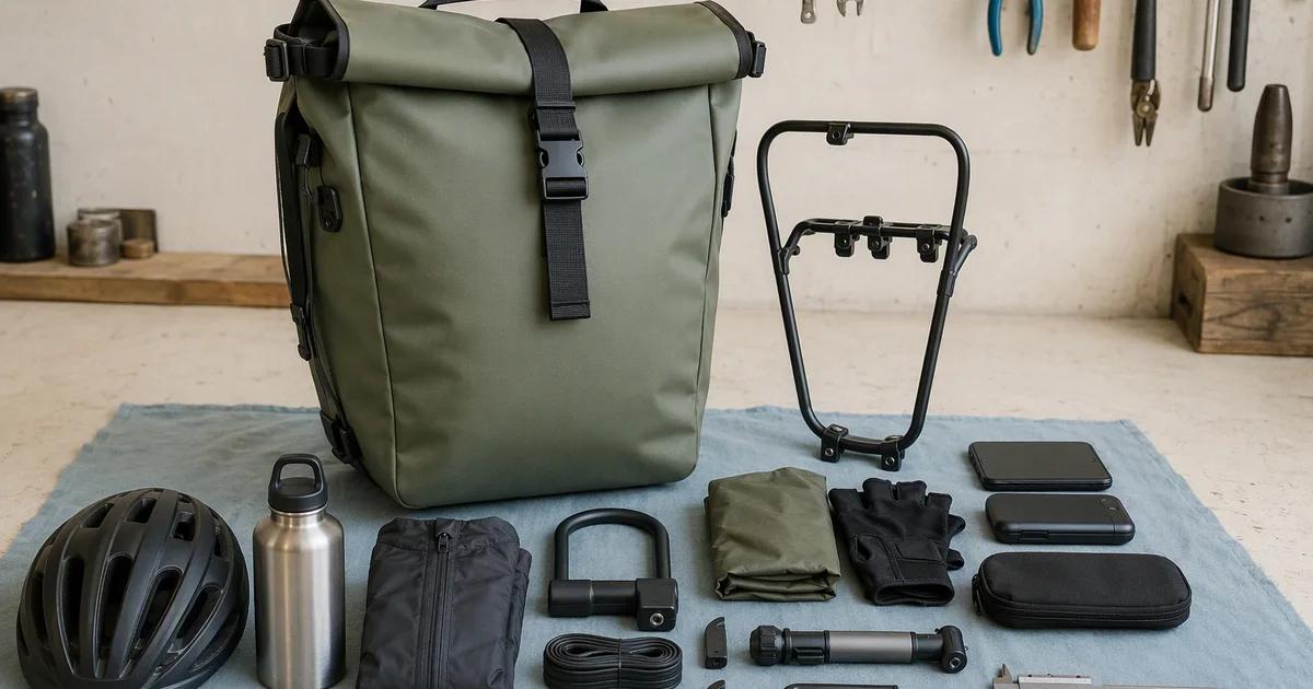 A green bicycle bag stands beside a mounting frame and neatly arranged cycling gear.