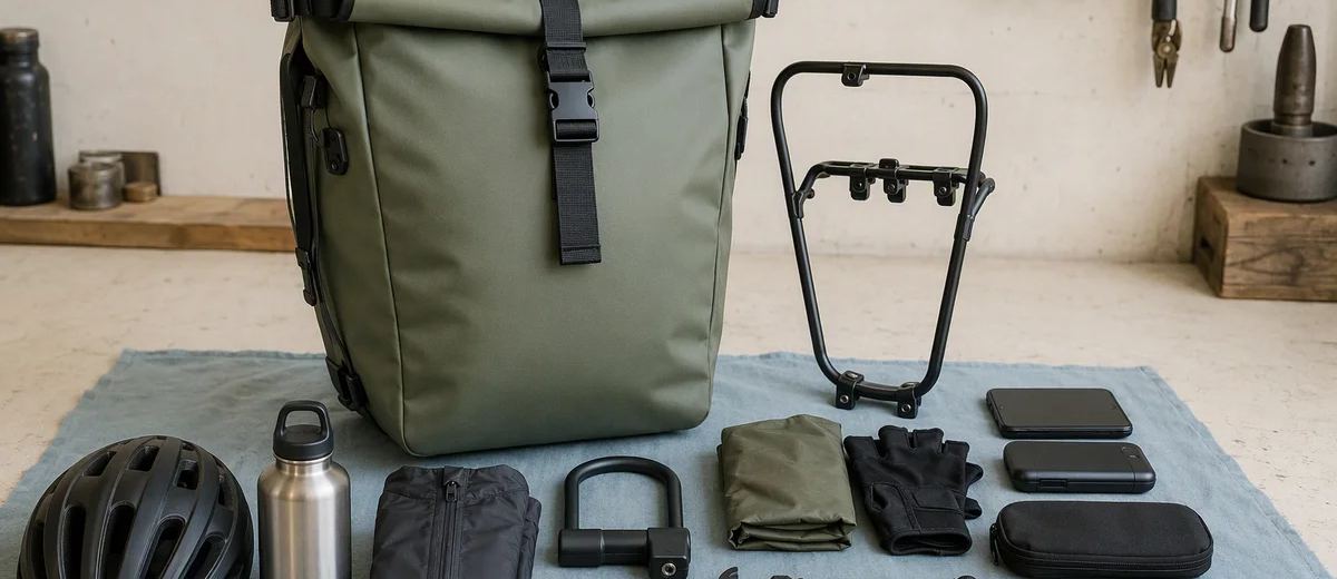 A green bicycle bag stands beside a mounting frame and neatly arranged cycling gear.