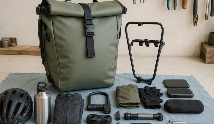 A green bicycle bag stands beside a mounting frame and neatly arranged cycling gear.