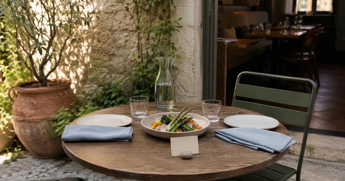 A courtyard dining table is set with plates, blue napkins, a vegetable dish and a blank card.