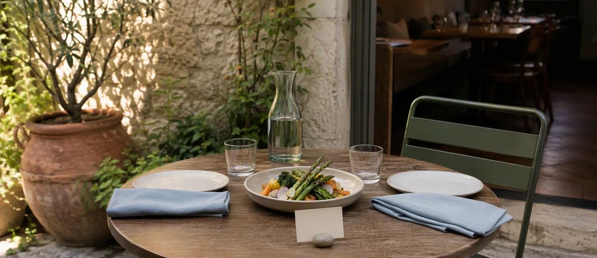 A courtyard dining table is set with plates, blue napkins, a vegetable dish and a blank card.