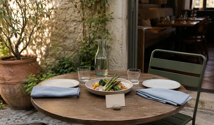 A courtyard dining table is set with plates, blue napkins, a vegetable dish and a blank card.