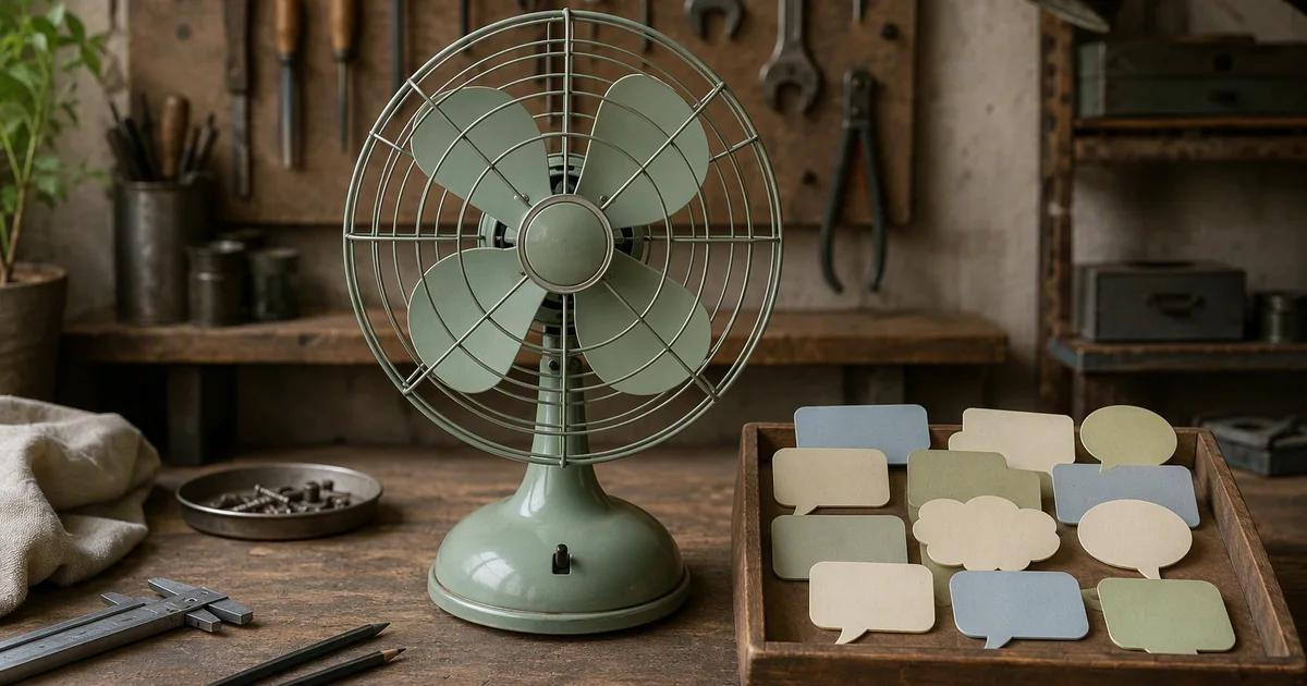 A green desk fan stands beside a tray of blank speech-bubble cards on a workshop bench.