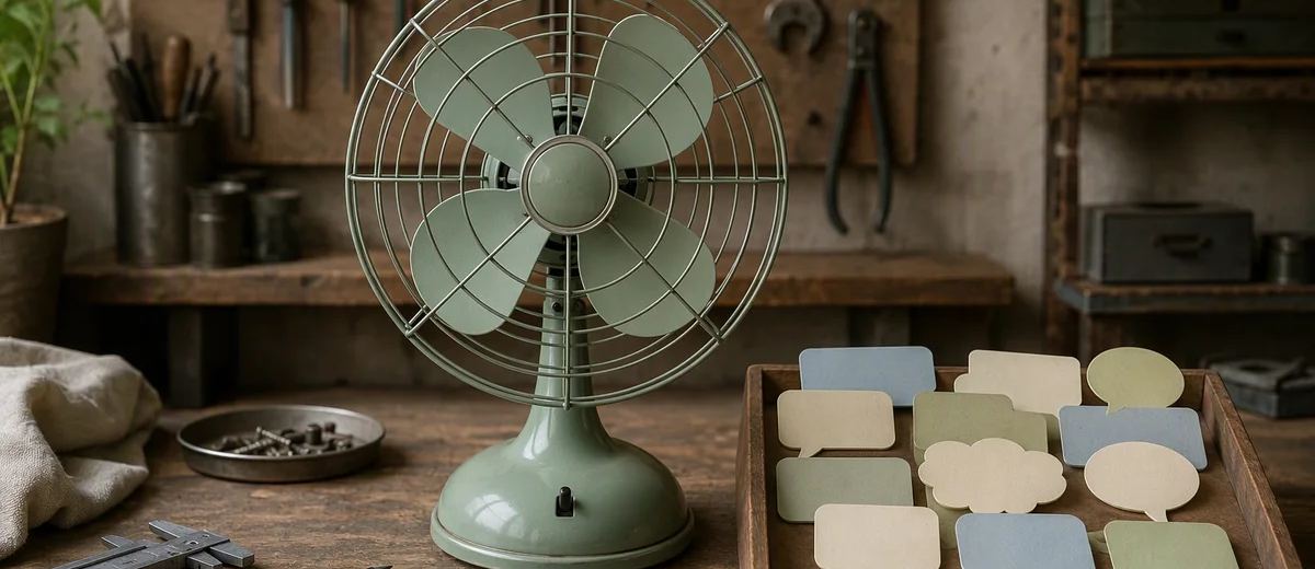A green desk fan stands beside a tray of blank speech-bubble cards on a workshop bench.