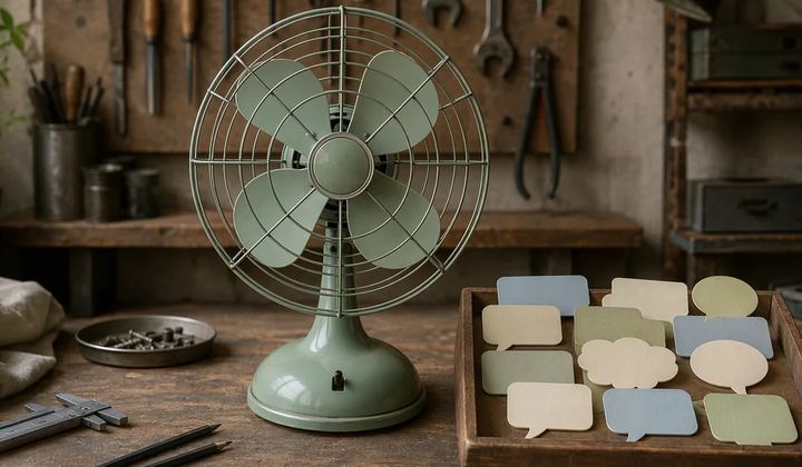 A green desk fan stands beside a tray of blank speech-bubble cards on a workshop bench.