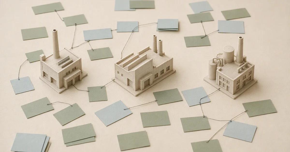 Three miniature industrial buildings are linked to blank blue and green cards with fine strings.