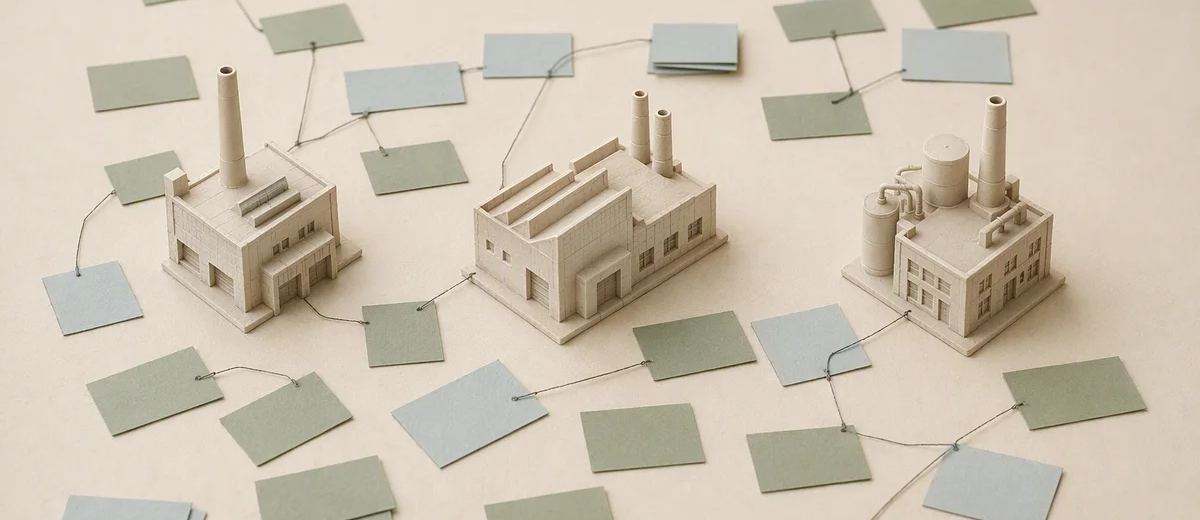 Three miniature industrial buildings are linked to blank blue and green cards with fine strings.