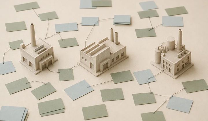 Three miniature industrial buildings are linked to blank blue and green cards with fine strings.