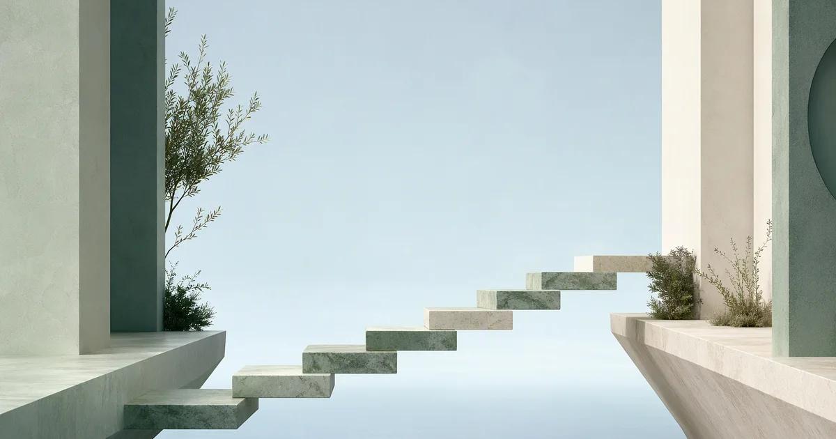 A rising sequence of mint and ivory stone steps crossing a pale blue gap, each step distinct and necessary, in a minimalist architectural scene
