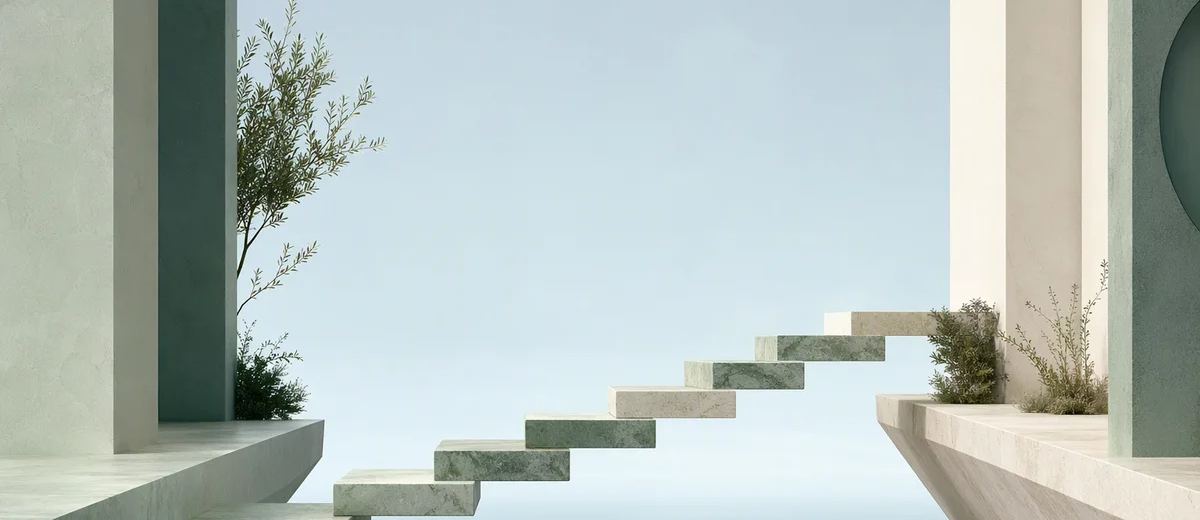 A rising sequence of mint and ivory stone steps crossing a pale blue gap, each step distinct and necessary, in a minimalist architectural scene
