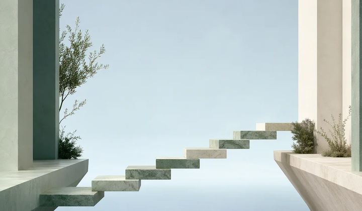 A rising sequence of mint and ivory stone steps crossing a pale blue gap, each step distinct and necessary, in a minimalist architectural scene