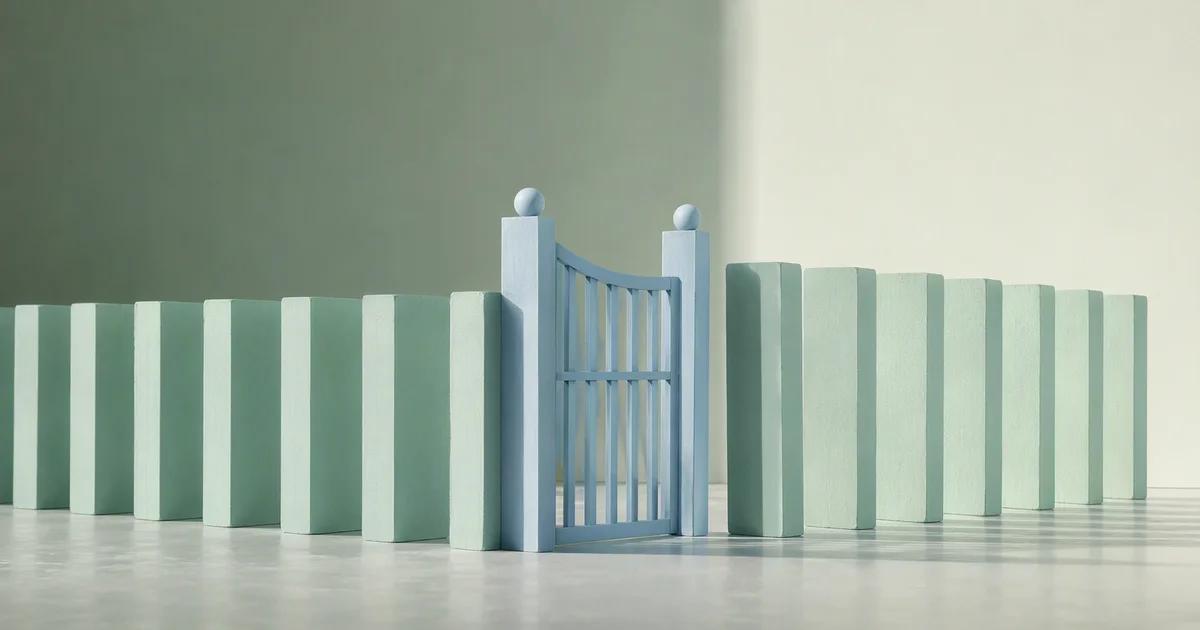 A carefully arranged line of mint domino-like architectural blocks stands beside a pale blue gate that interrupts their path.
