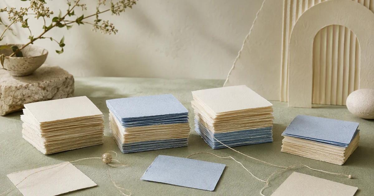 Four organized stacks of topic cards grow from a shared paper foundation, with loose ideas nearby.