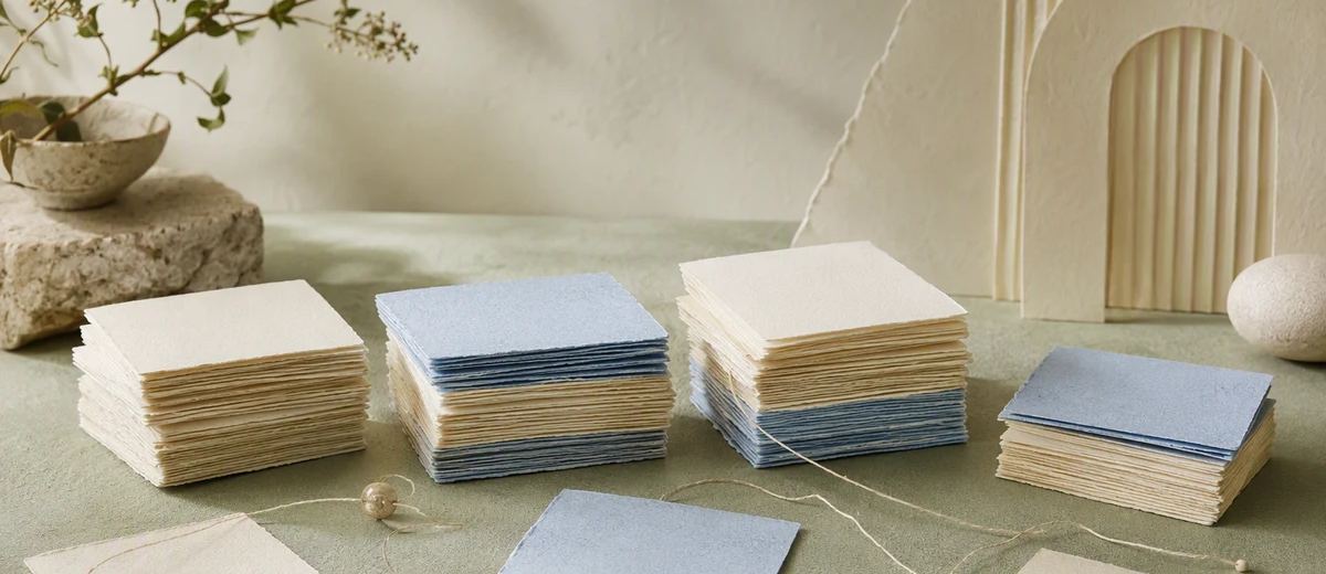 Four organized stacks of topic cards grow from a shared paper foundation, with loose ideas nearby.