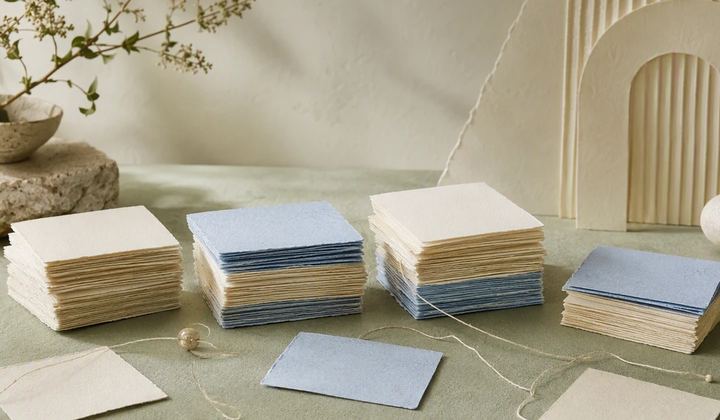 Four organized stacks of topic cards grow from a shared paper foundation, with loose ideas nearby.