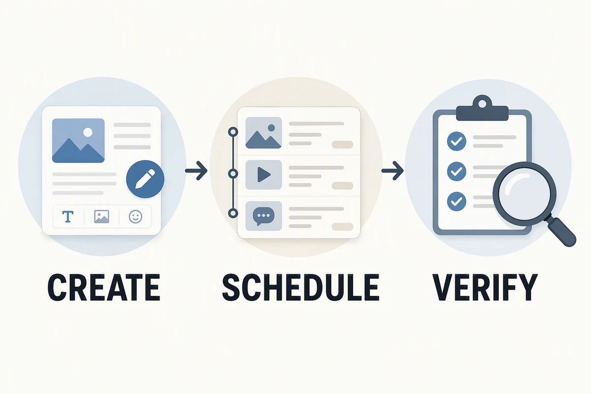 Evaluate how each tool handles content preparation, scheduling, and checking the published result. AI-generated infographic.