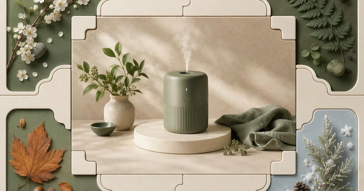 Interlocking film tiles separate a stable product scene from replaceable seasonal pieces.