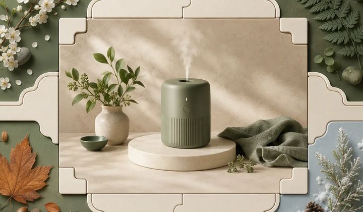 Interlocking film tiles separate a stable product scene from replaceable seasonal pieces.