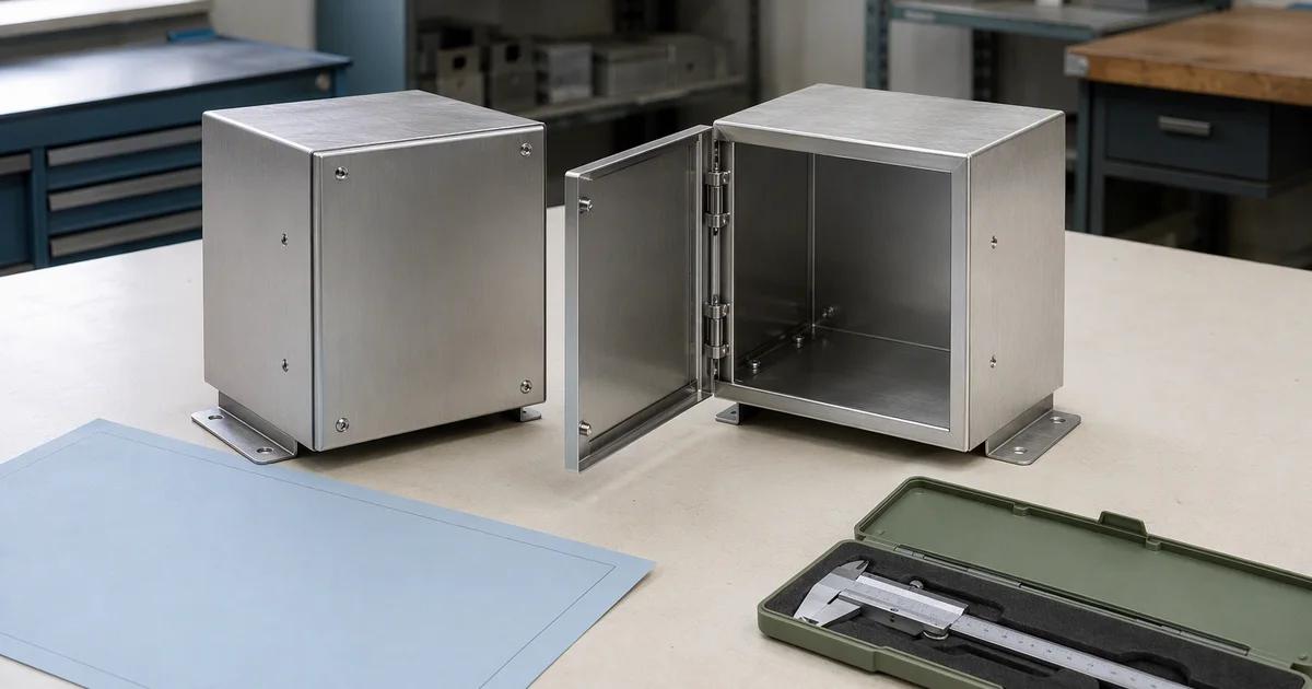 Two metal enclosures, one closed and one open, sit beside a blank technical sheet and a caliper case.