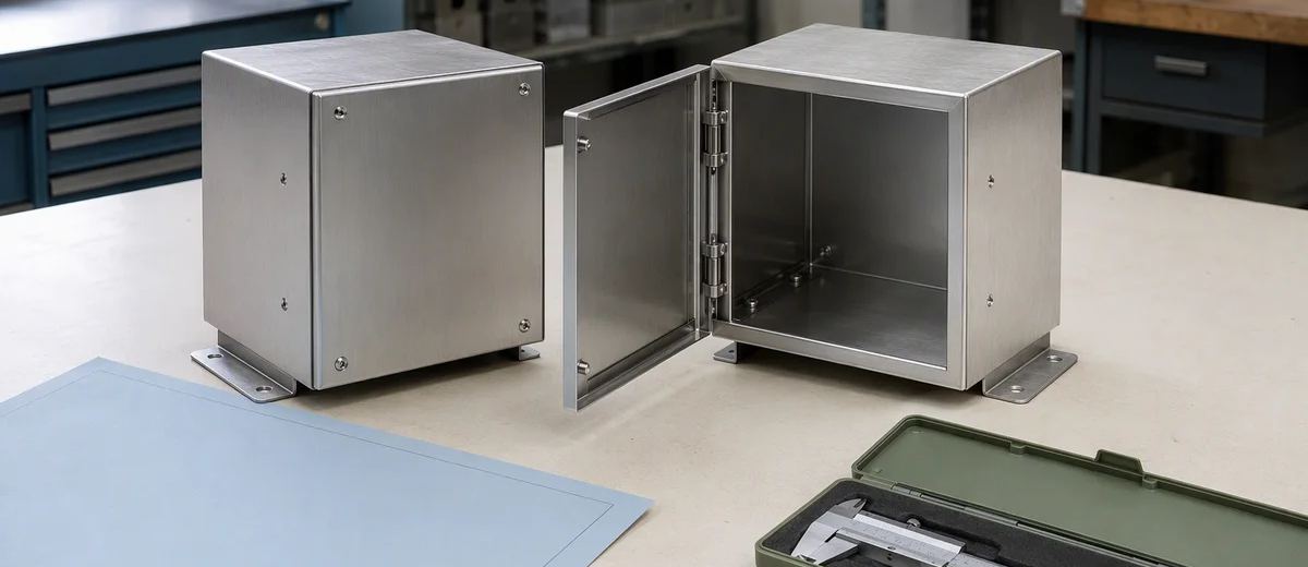 Two metal enclosures, one closed and one open, sit beside a blank technical sheet and a caliper case.