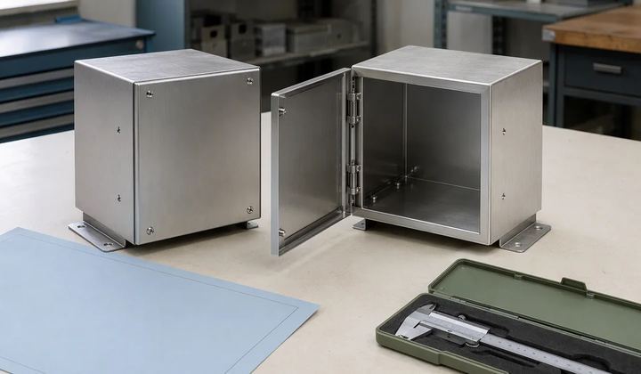 Two metal enclosures, one closed and one open, sit beside a blank technical sheet and a caliper case.