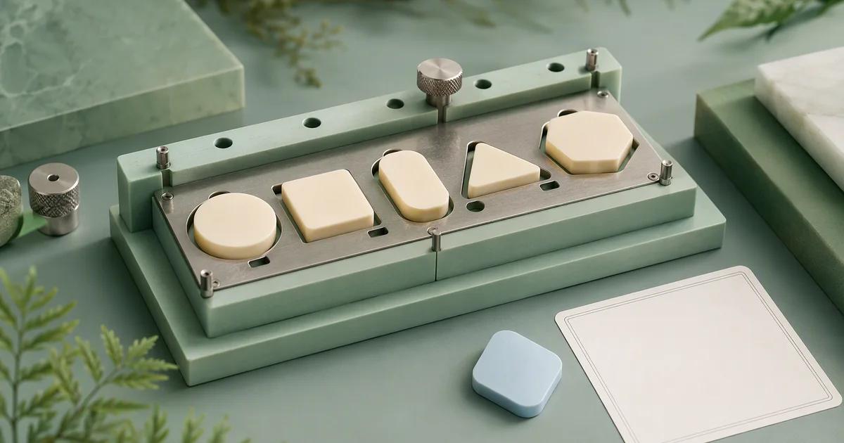 A mint craft jig testing several ivory shapes, with one pale blue piece set aside beside a blank inspection card