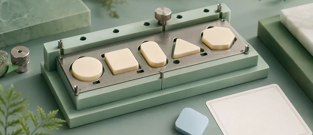 A mint craft jig testing several ivory shapes, with one pale blue piece set aside beside a blank inspection card