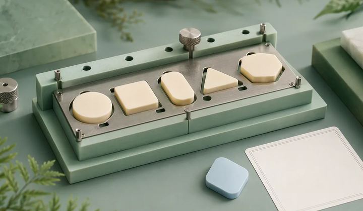 A mint craft jig testing several ivory shapes, with one pale blue piece set aside beside a blank inspection card