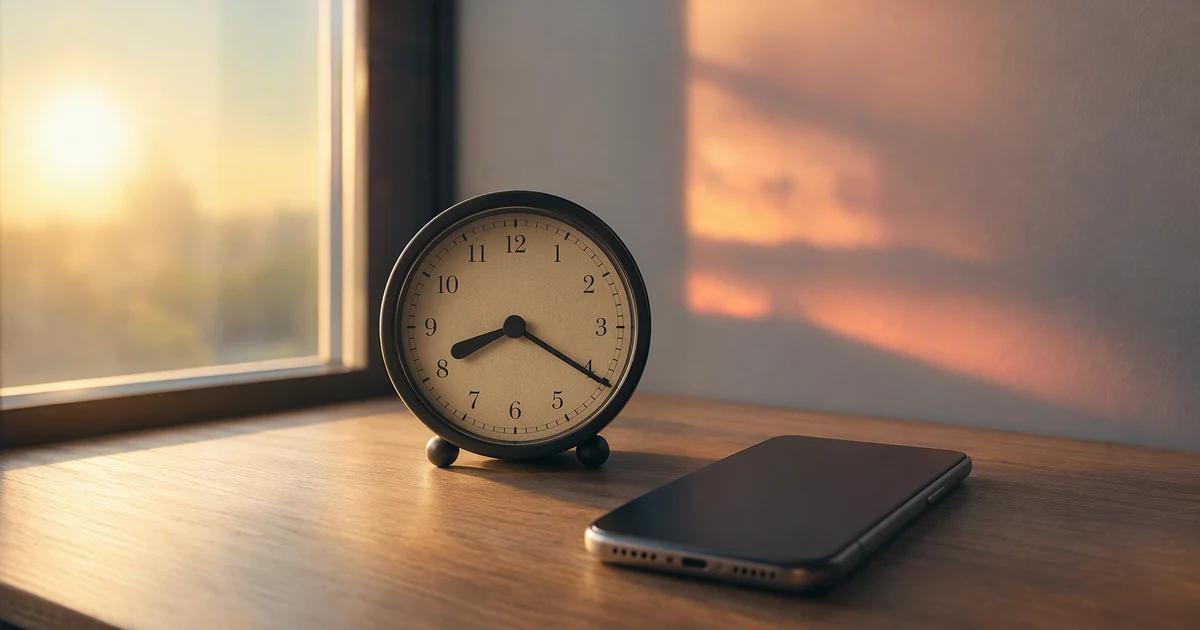 AI-generated conceptual cover: An editorial photographic composition of a classic analog clock beside a face-down smartphone, with morning sunlight and soft evening-colored shadows suggesting different publishing windows. No social platform logo, charts, or suggested best hour.