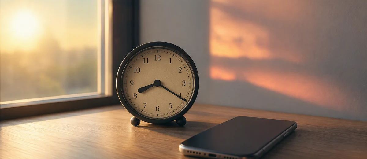 AI-generated conceptual cover: An editorial photographic composition of a classic analog clock beside a face-down smartphone, with morning sunlight and soft evening-colored shadows suggesting different publishing windows. No social platform logo, charts, or suggested best hour.