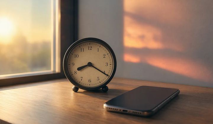AI-generated conceptual cover: An editorial photographic composition of a classic analog clock beside a face-down smartphone, with morning sunlight and soft evening-colored shadows suggesting different publishing windows. No social platform logo, charts, or suggested best hour.