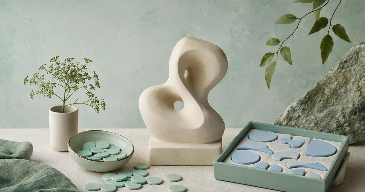 Mint ceramic tokens sit beside an ivory abstract sculpture and a tray of pale blue pieces.