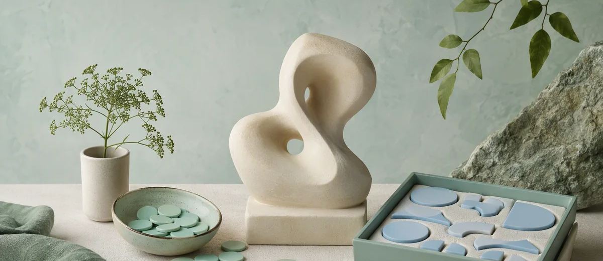 Mint ceramic tokens sit beside an ivory abstract sculpture and a tray of pale blue pieces.