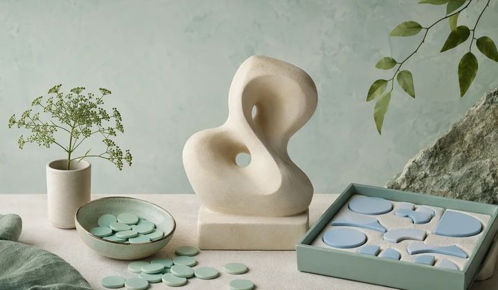 Mint ceramic tokens sit beside an ivory abstract sculpture and a tray of pale blue pieces.