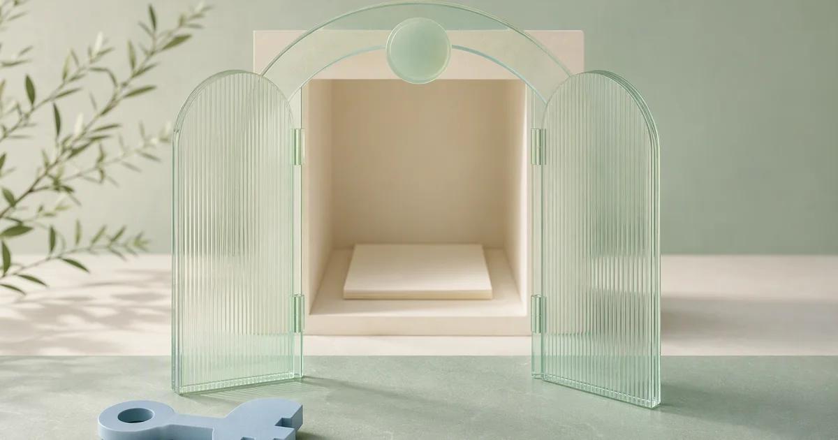 Translucent mint gates open onto a recessed ivory room, with part of a blue key in the foreground.