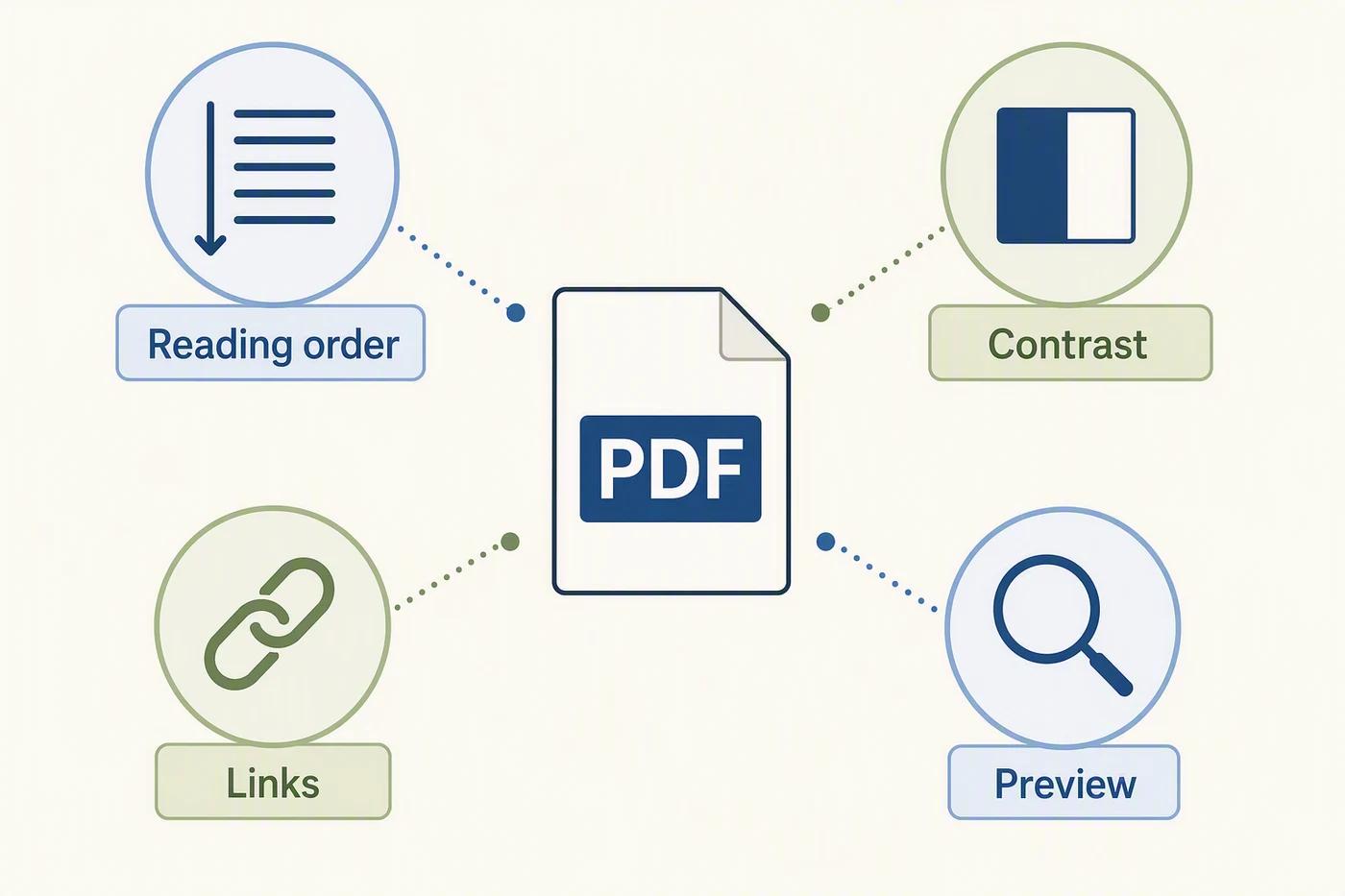 PDF review diagram checks text order, visual contrast, links, and the final upload preview.