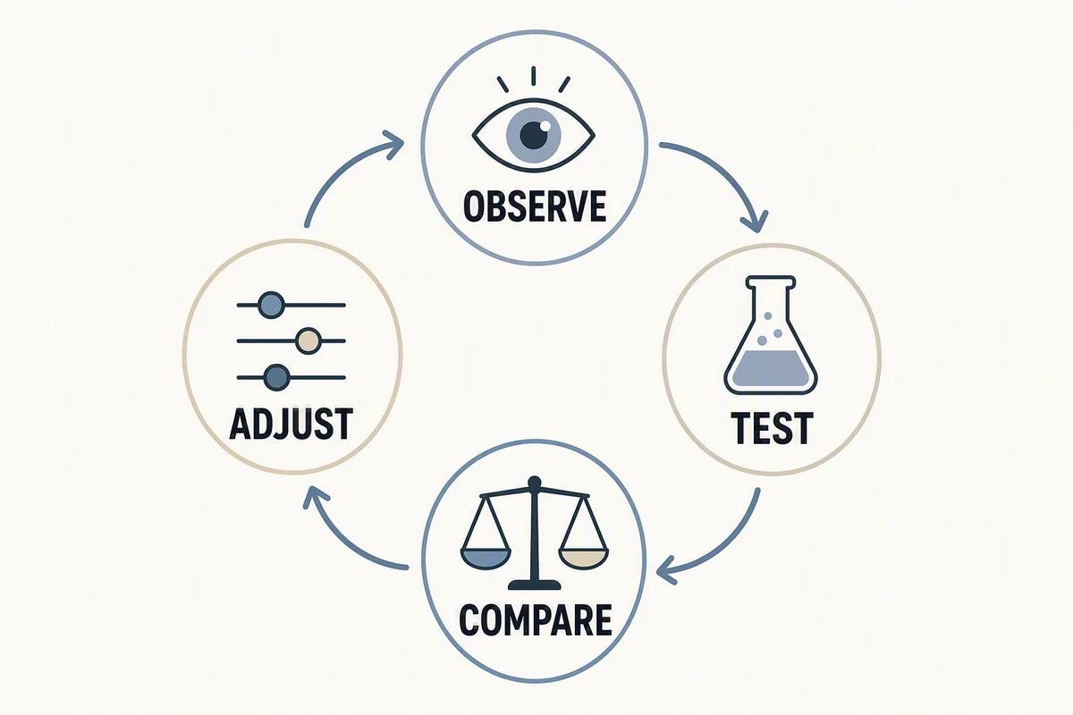 Use audience information, test comparable posts, compare consistent observation windows, and adjust. AI-generated infographic.