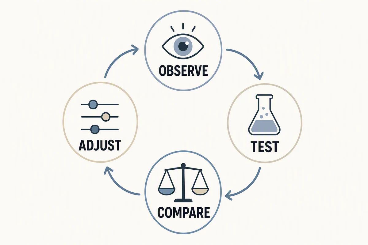 Use audience information, test comparable posts, compare consistent observation windows, and adjust. AI-generated infographic.