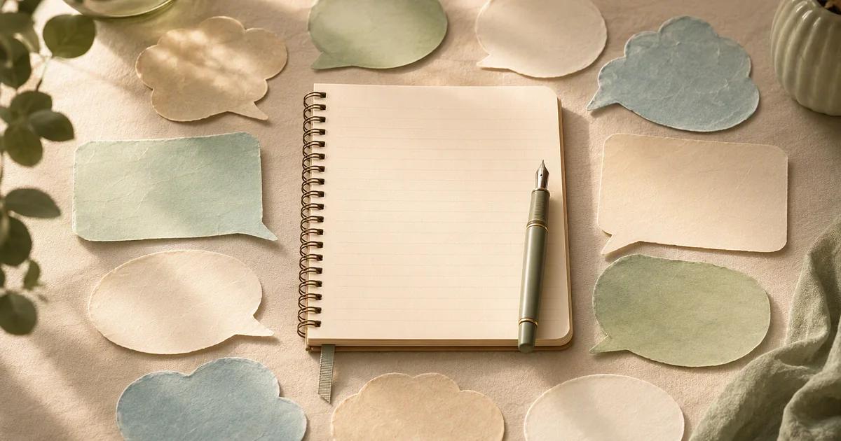 Paper speech bubbles arranged around an open notebook.