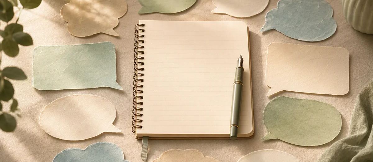 Paper speech bubbles arranged around an open notebook.