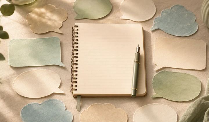 Paper speech bubbles arranged around an open notebook.