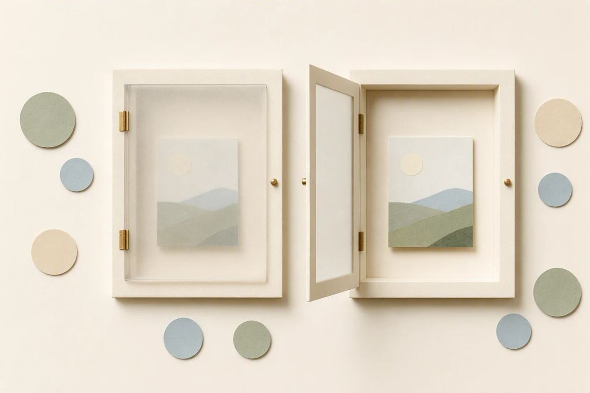 The same post card appears inside a closed viewing frame and an open viewing frame.