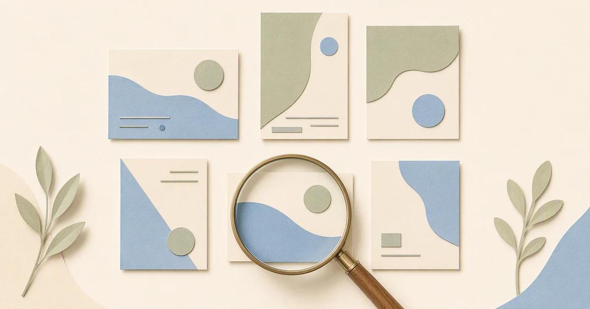 A researcher’s lens moves over an orderly wall of varied unbranded ad cards.