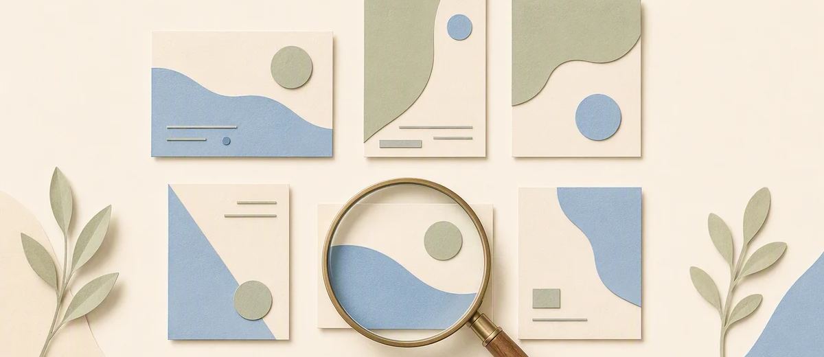 A researcher’s lens moves over an orderly wall of varied unbranded ad cards.