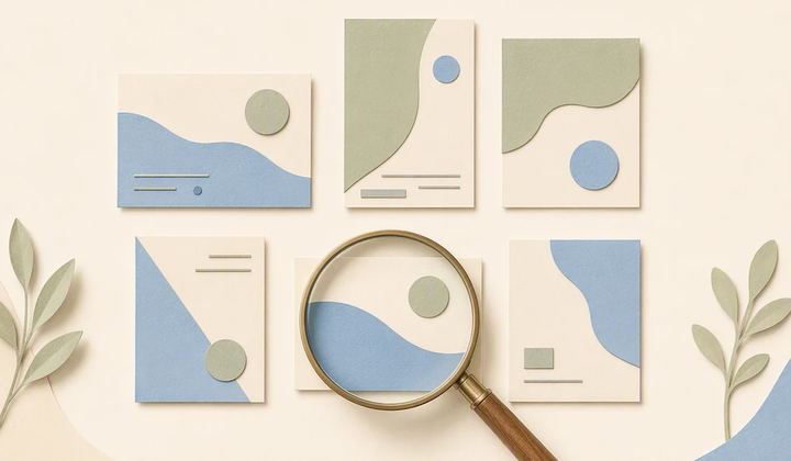 A researcher’s lens moves over an orderly wall of varied unbranded ad cards.