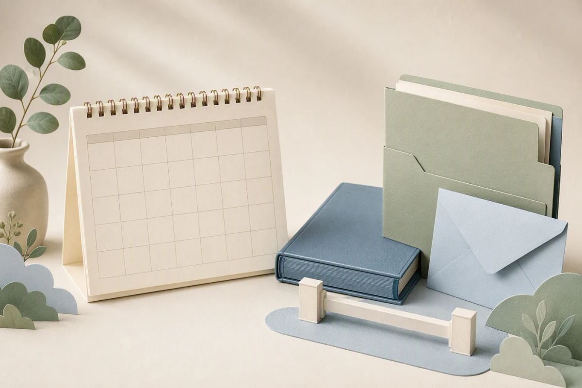 A ledger and required paperwork sit beside an undated payment calendar.