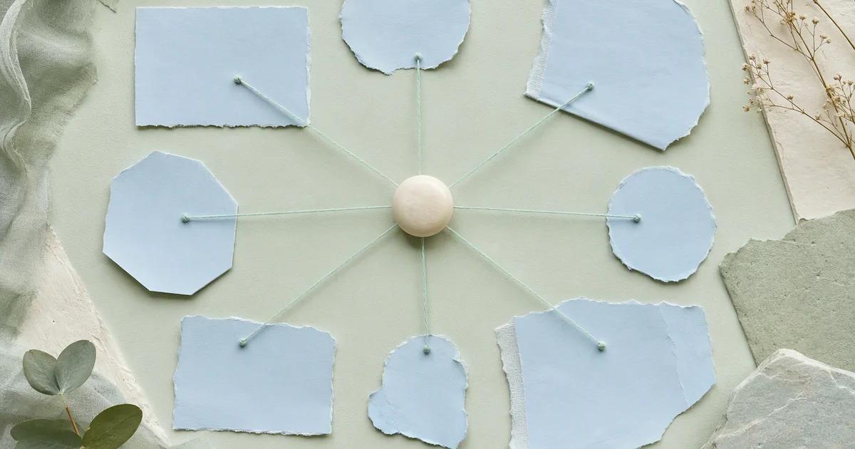 Mint threads connecting a single ivory source object to several pale blue paper forms, arranged as a calm physical evidence map
